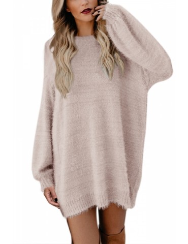 Long Sleeve Sweater Dress Drop Shoulder Apricot