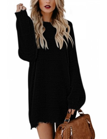 Lantern Sleeve Mini Sweater Dress Black