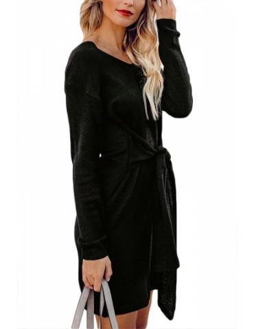 V Neck Long Sleeve Sweater Dress Black