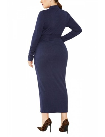 Plus Size Long Sleeve Ribbed Bodycon Dress Navy Blue