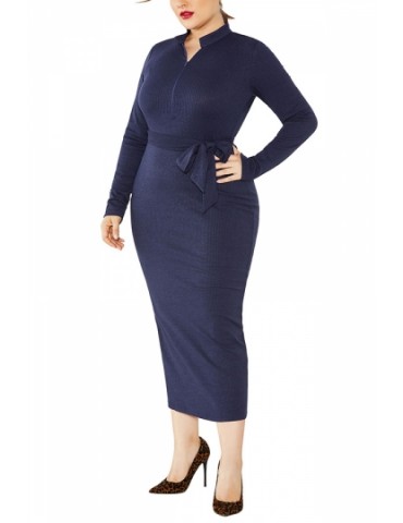 Plus Size Long Sleeve Ribbed Bodycon Dress Navy Blue