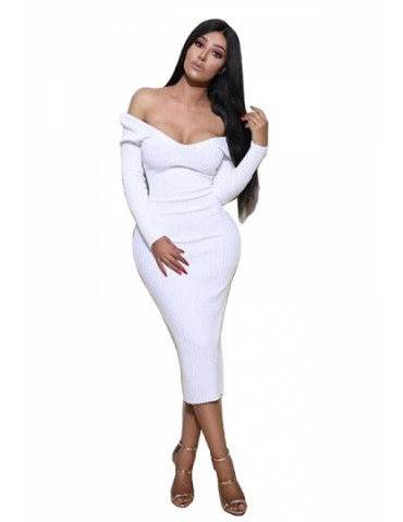 Beautiful Off Shoulder Long Sleeve Bodycon Plain Maxi Sweater Dress White